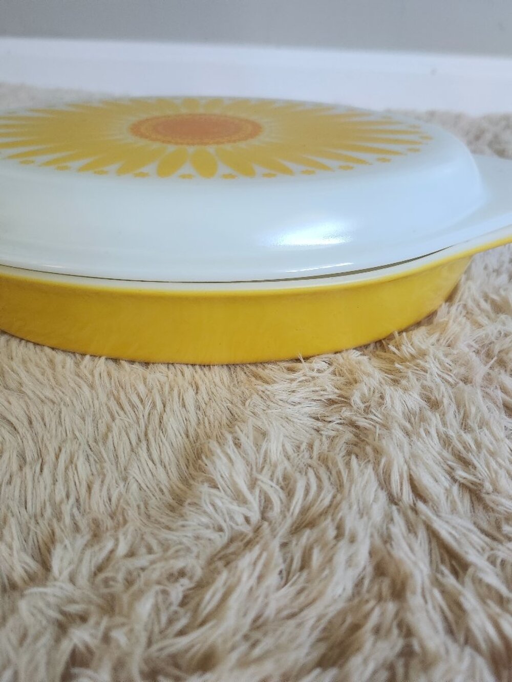 Pyrex yellow divided dish with sunflower lid